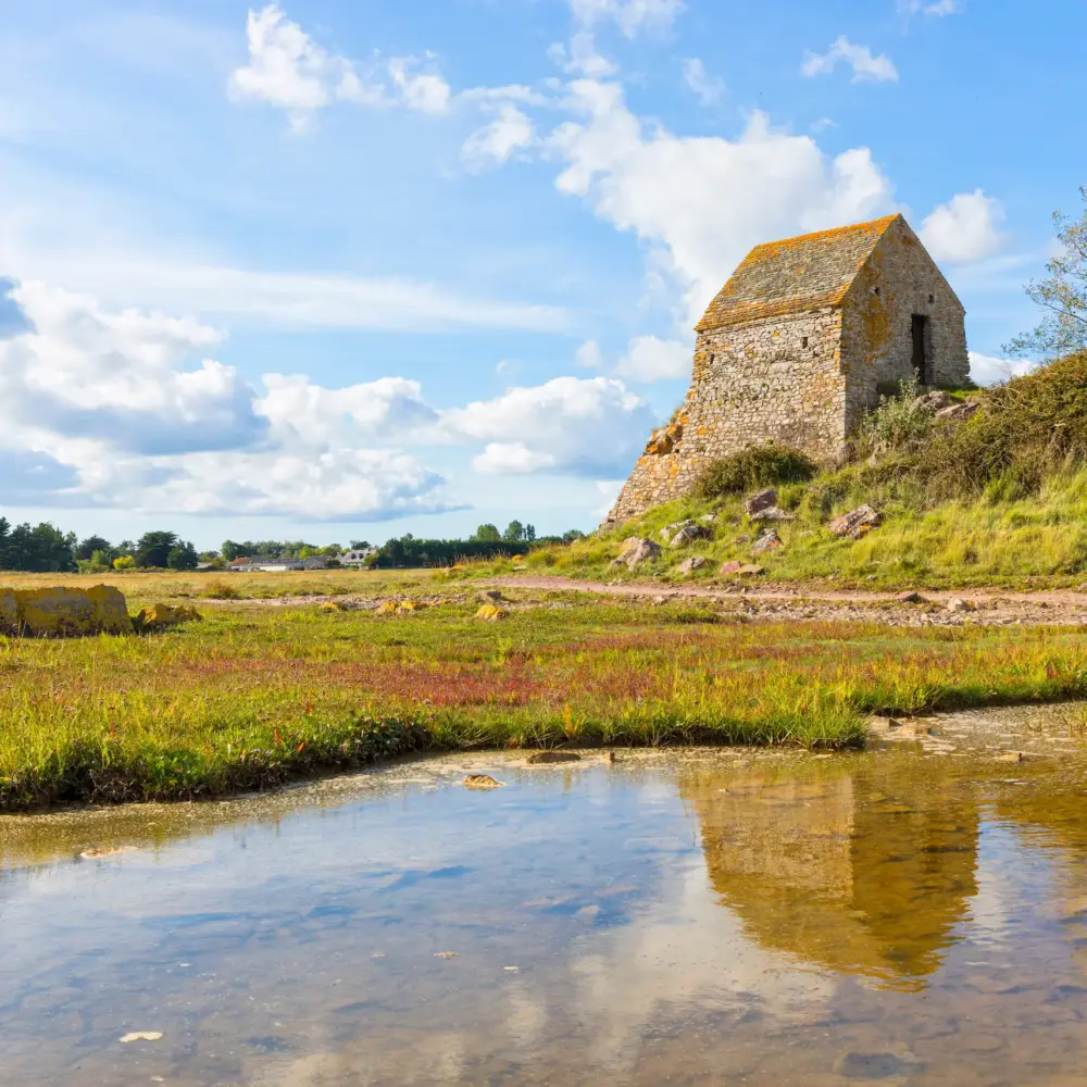 Petite maison en pierre au bord d’un marais