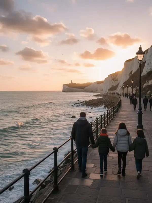Famille marchant le long des falaises au coucher du soleil
